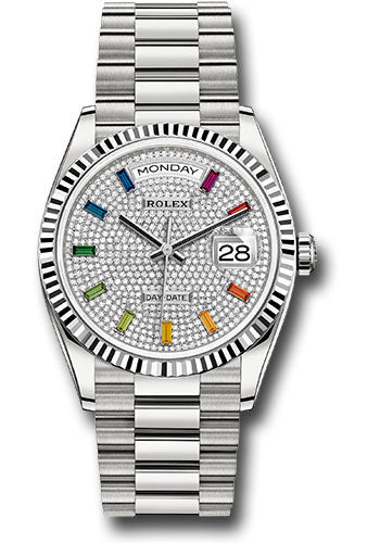 Rolex Presidential White Gold Day-Date 36MM - President Bracelet Watch - Diamond Paved Rainbow Sapphire Dial - 128349RBR dprsp