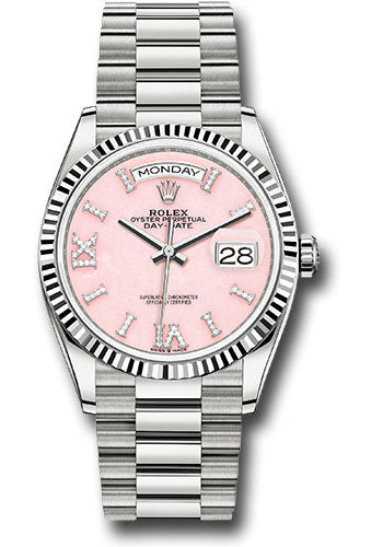 Rolex Presidential White Gold Day-Date 36MM - President Bracelet Watch - Pink Opal Diamond Hour Marker Dial - 128239 podhmp