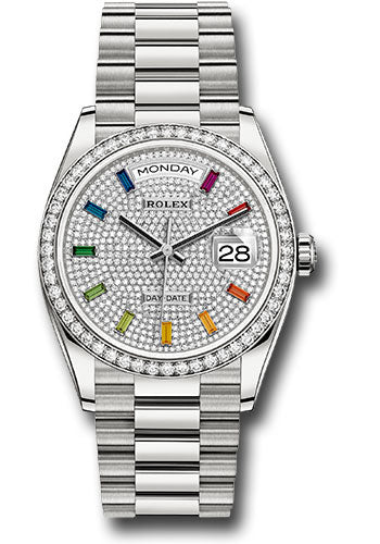 Rolex Presidential White Gold Day-Date 36MM - President Bracelet Watch - Diamond Paved Rainbow Sapphire Dial - 128349RBR dprsp