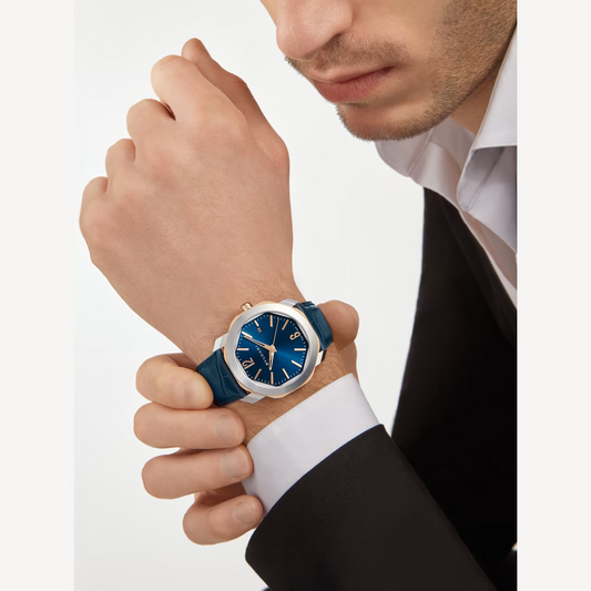 Bvlgari Octo Roma - Stainless Steel And Rose Gold 41 MM - Blue Leather Strap - Blue Dial - Stainless Steel Bezel - 103205