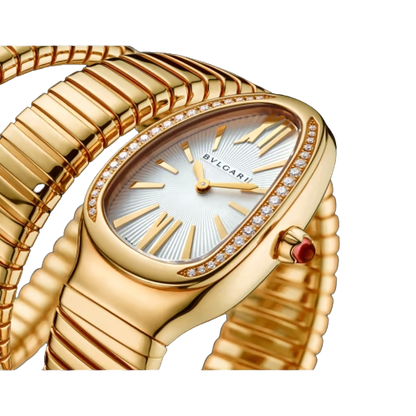 Bvlgari Serpenti Tubogas - 2 Row - Yellow Gold 35 MM - Yellow Gold Bracelet - Diamond Bezel - Silver Opaline Dial - 101923