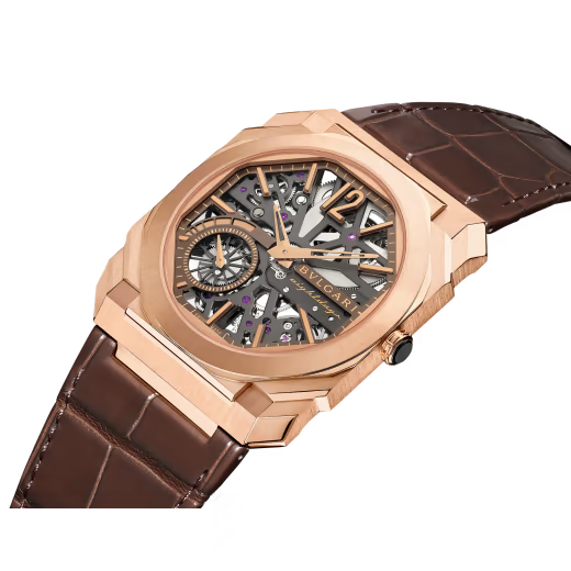 Bvlgari Octo Finissimo - Rose Gold  40 MM - Brown Leather Strap - Skeleton Dial - Rose Gold Bezel - 103667