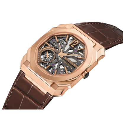 Bvlgari Octo Finissimo - Rose Gold  40 MM - Brown Leather Strap - Skeleton Dial - Rose Gold Bezel - 103667