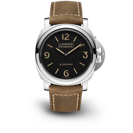 Panerai Luminor 8 Giorni Stainless Steel 44 MM - Dark Brown Leather Strap - Black Dial - PAM00914