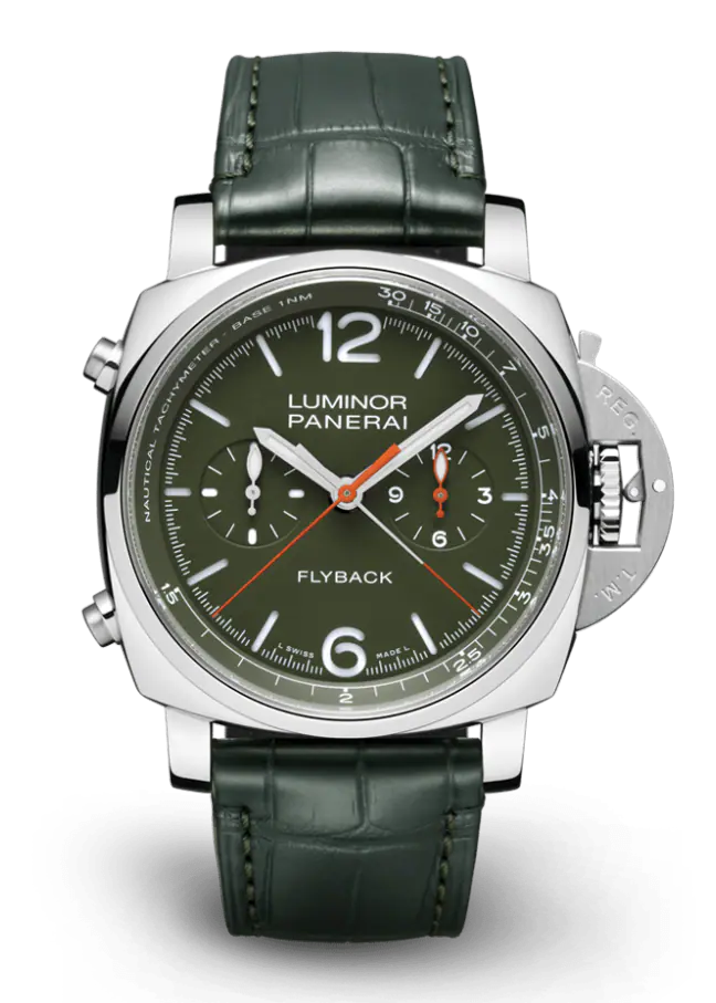 Panerai Luminor Chrono Flyback Stainless Steel 44 MM - Green Leather Strap - Green Dial - PAM01296