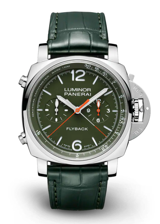 Panerai Luminor Chrono Flyback Stainless Steel 44 MM - Green Leather Strap - Green Dial - PAM01296