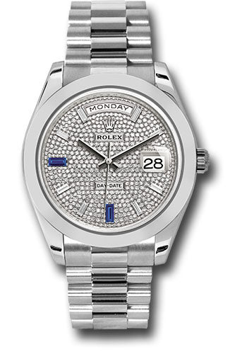 Rolex Presidential Platinum Day-Date 40MM - President Bracelet Watch - Smooth Bezel - Diamond And Sapphire Paved Diamond Dial - 228206 dp7d2sp