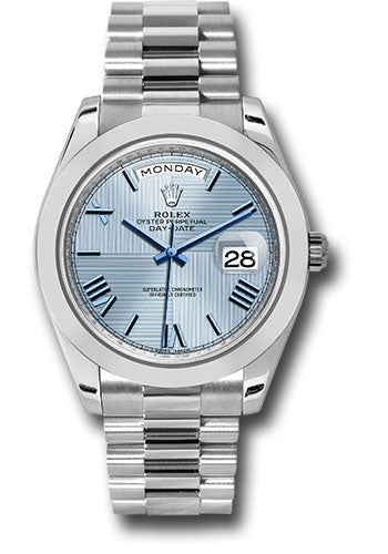 Rolex Presidential Platinum Day-Date 40MM - President Bracelet Watch - Smooth Bezel - Ice Blue Quadrant Motif Bevelled Roman Dial - 228206-0001