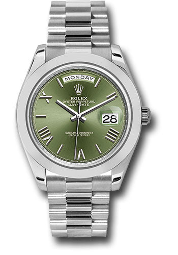 Rolex Presidential Platinum Day-Date 40MM - President Bracelet Watch - Smooth Bezel - Olive Green Bevelled Roman Dial -  228206 ogrp