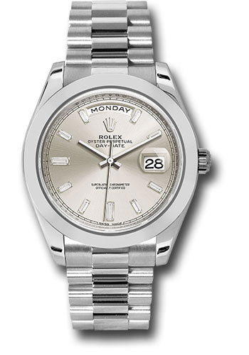 Rolex Presidential Platinum Day-Date 40MM - President Bracelet Watch - Smooth Bezel - Silver Baguette Diamond Dial - 228206 sbdp