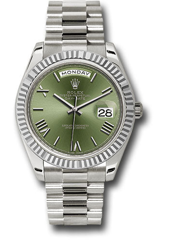 Rolex Presidential White Gold Day-Date 40MM - President Bracelet Watch - Olive Green Bevelled Roman Dial - 228239-0033