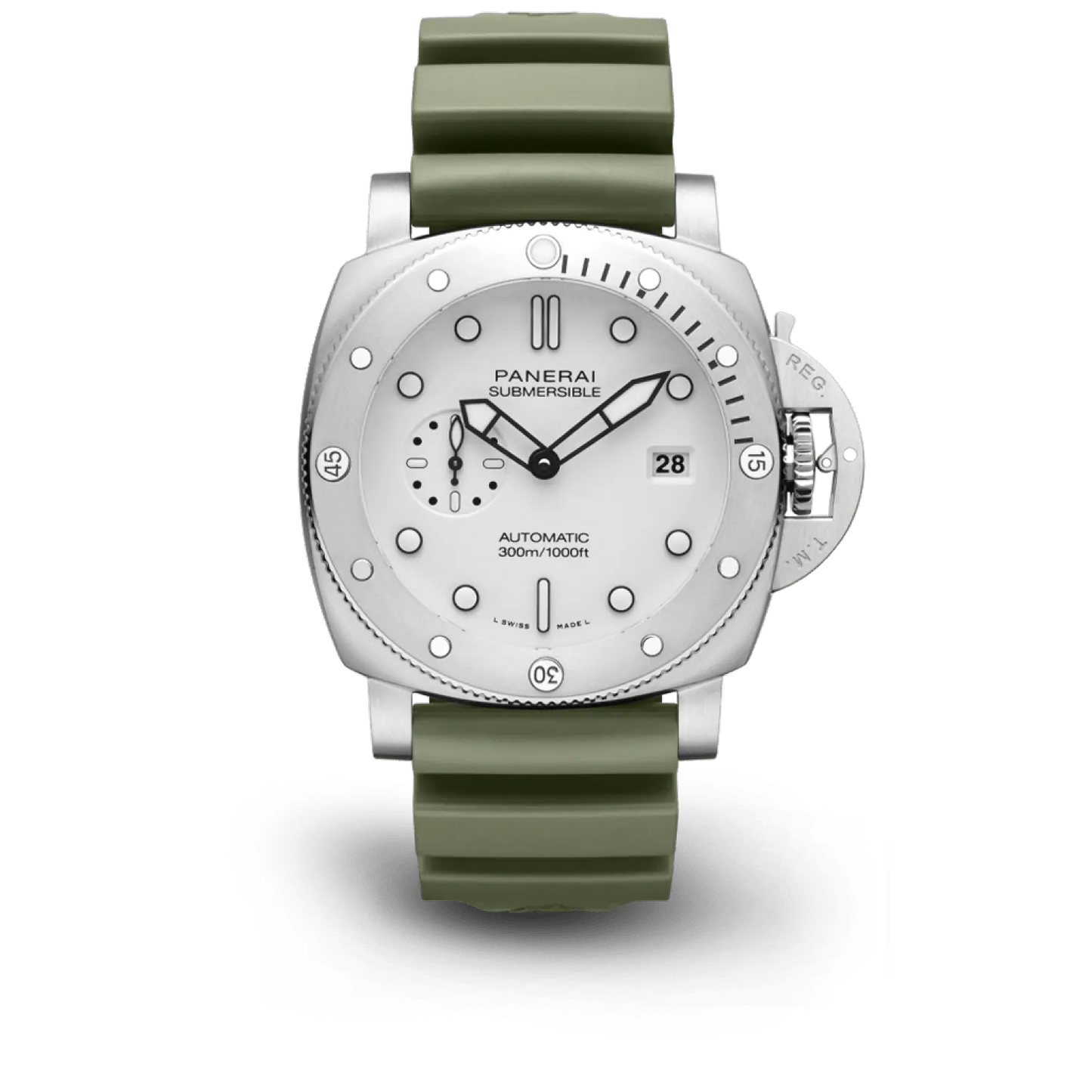 Panerai Submersible QuarantaQuattro Bianco Stainless Steel  44 MM - Green Rubber Strap - White Dial - PAM01226