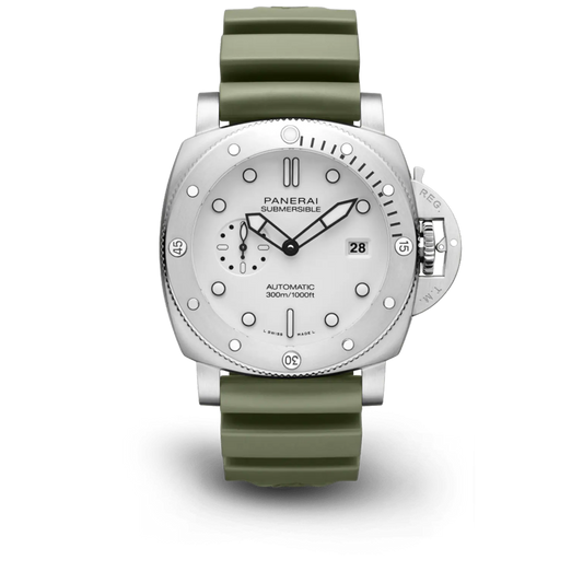 Panerai Submersible QuarantaQuattro Bianco Stainless Steel  44 MM - Green Rubber Strap - White Dial - PAM01226