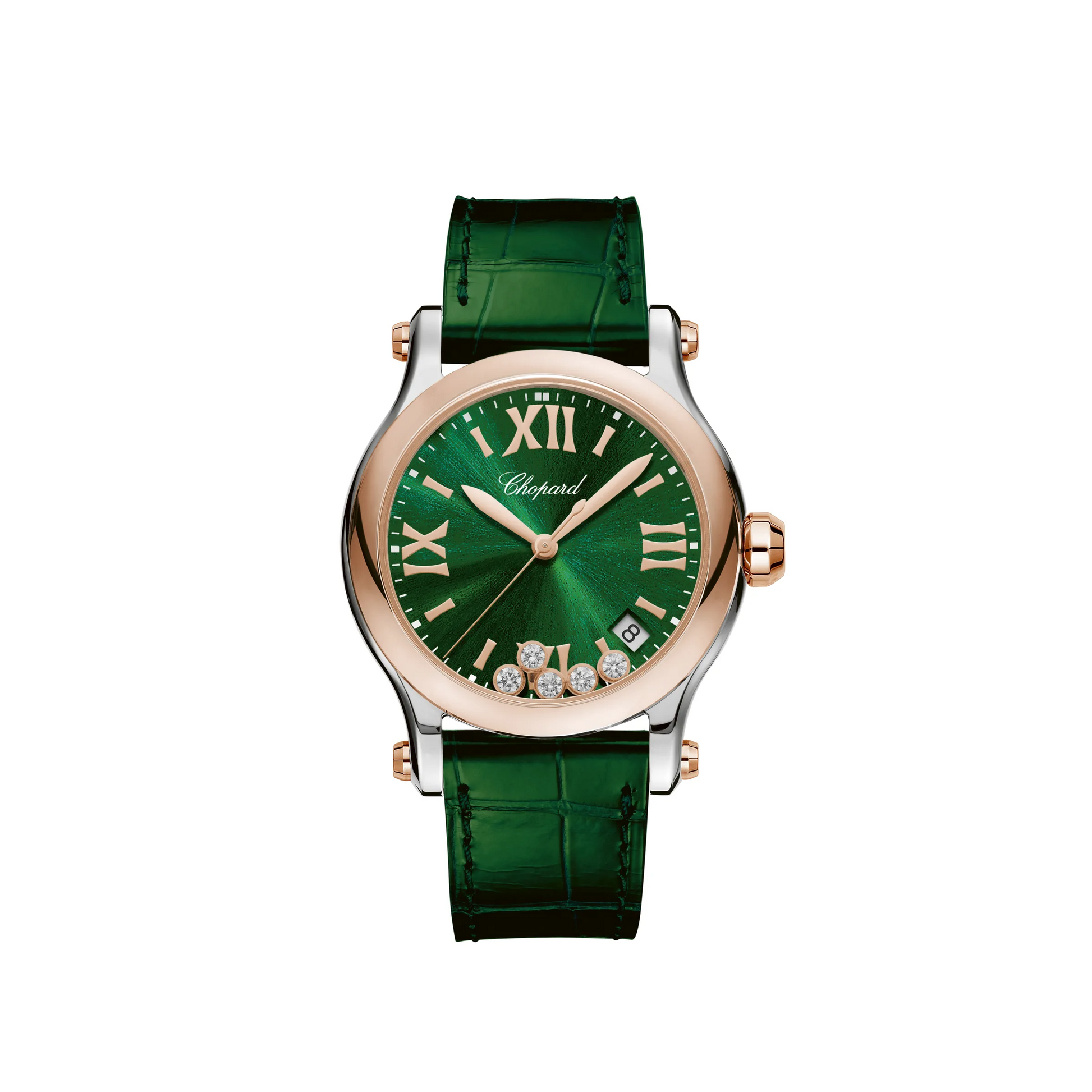 Chopard Happy Sport Stainless Steel and Rose Gold 36 MM - Green Leather Strap - Rose Gold Bezel - Green Floating Diamond Dial - 278582-6005