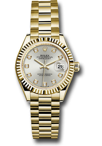 Rolex Yellow Gold Lady-Datejust - 28 MM - Presidential Bracelet - Fluted Bezel - Silver Diamond Dial - 279178-0015