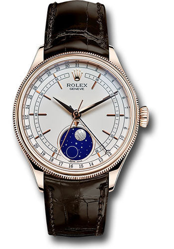 Rolex Moonphase Cellini Date Watch - 39 MM - Tobacco Leather Strap - White Dial - 50535 wbr