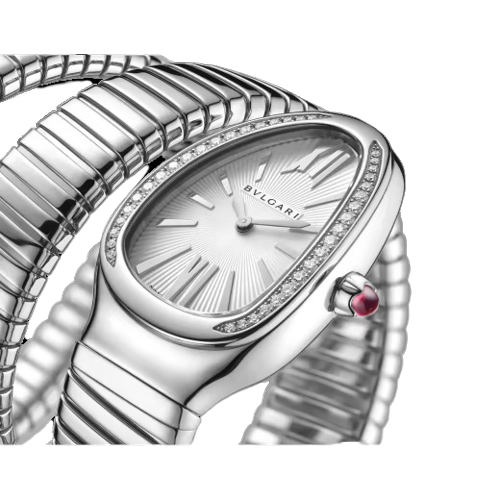 Bvlgari Serpenti Tubogas - 2 Row - Stainless Steel 35 MM - Stainless Steel Bracelet - Diamond Bezel - Silver Opaline Dial - 101910