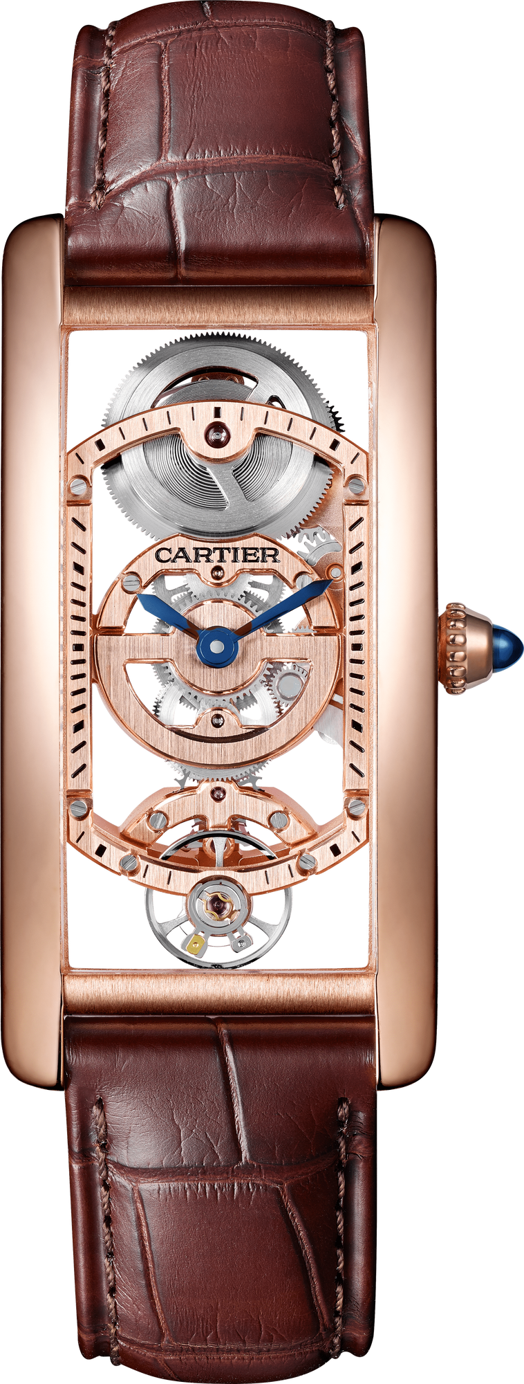 Cartier Tank Rose Gold (Large Model) 33 MM - Brown Leather Strap - Rose Gold Bezel - Skeleton Dial - WHTA0008