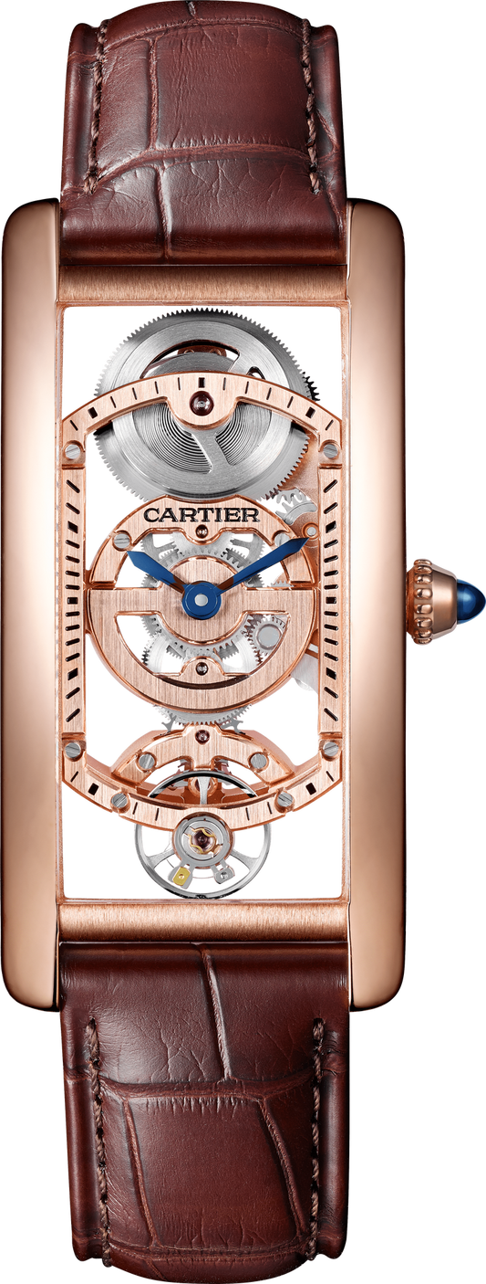 Cartier Tank Rose Gold (Large Model) 33 MM - Brown Leather Strap - Rose Gold Bezel - Skeleton Dial - WHTA0008