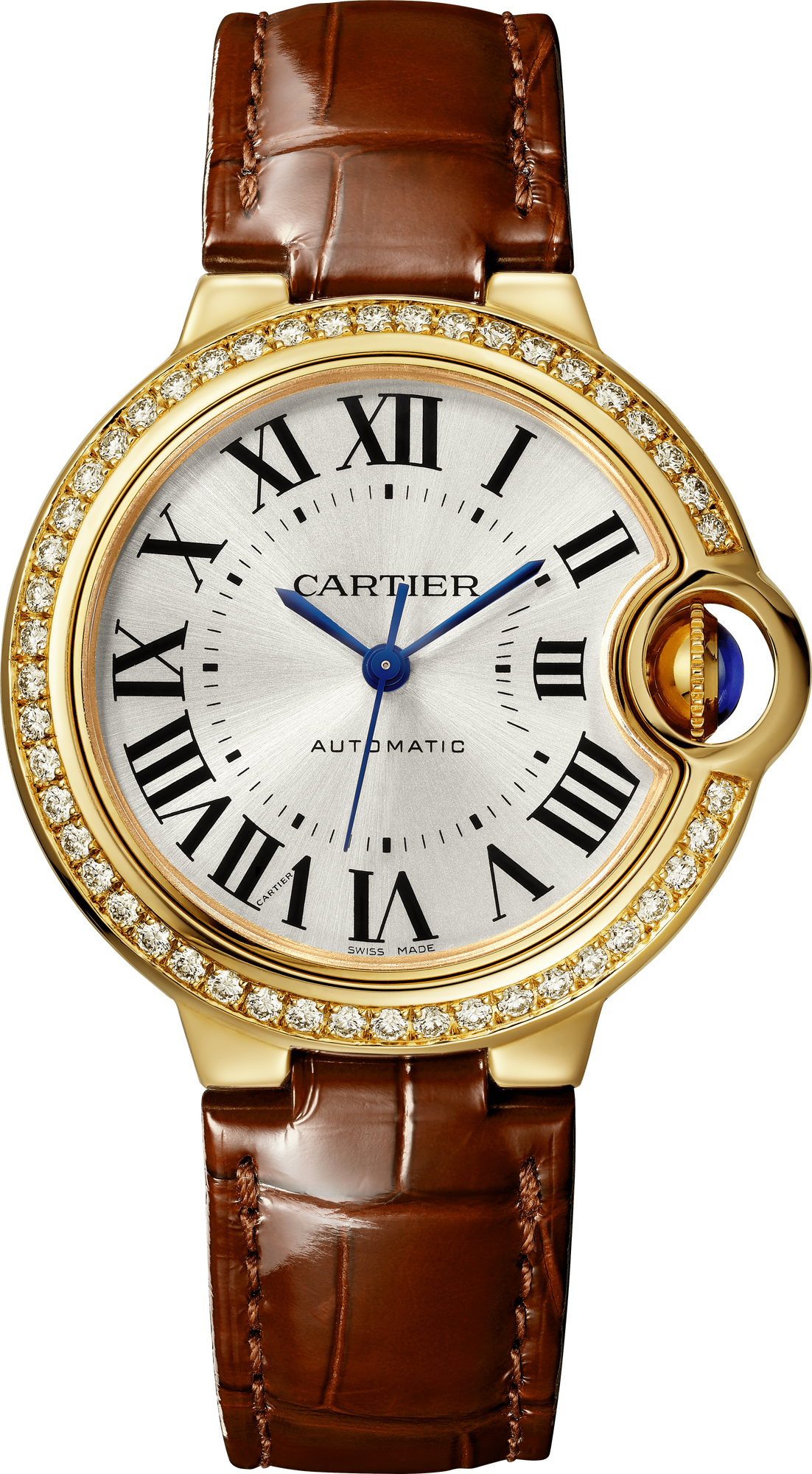 Cartier Ballon Bleu Yellow Gold 33 MM - Brown Leather Strap - Silver Dial - WJBB0040