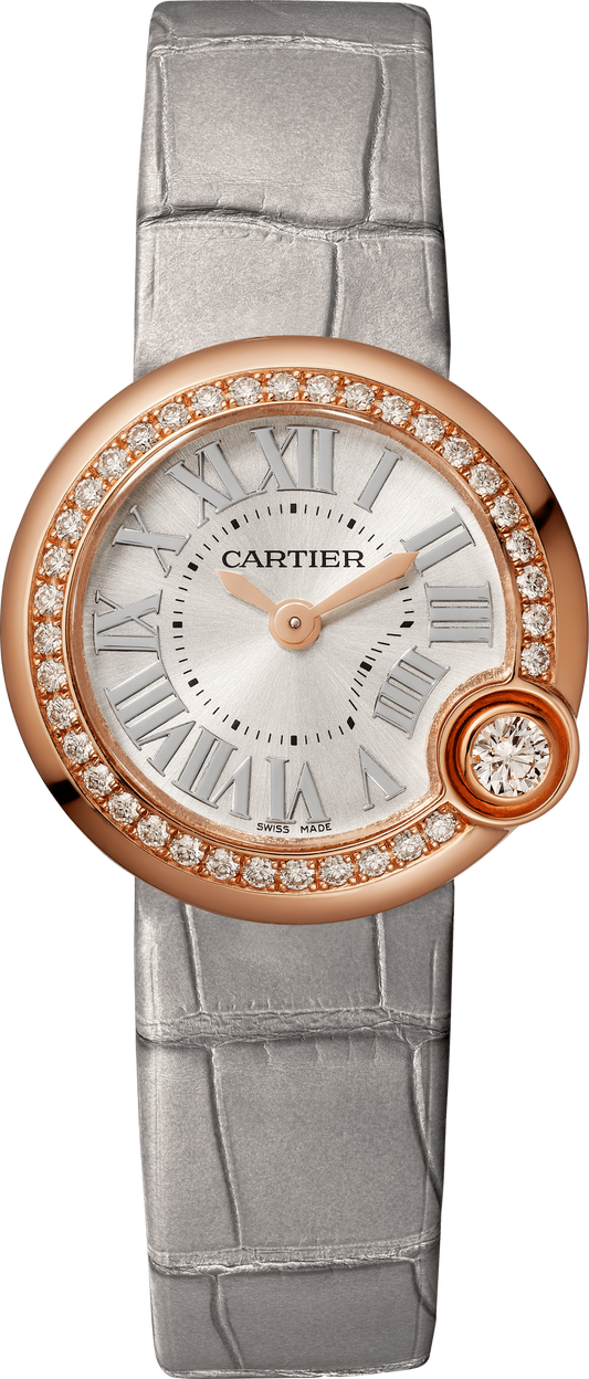 Cartier Ballon Bleu Pink Gold 26 MM - Grey Leather Strap - Silvered Sunray Dial - WJBL0006