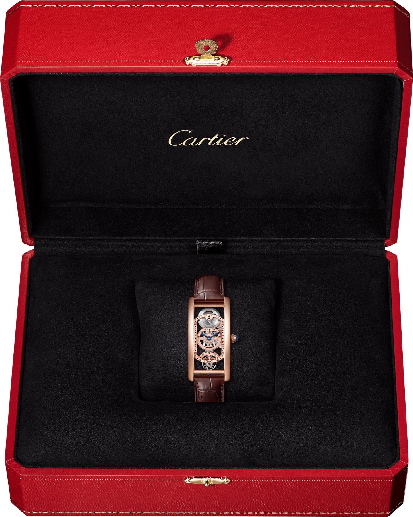 Cartier Tank Rose Gold (Large Model) 33 MM - Brown Leather Strap - Rose Gold Bezel - Skeleton Dial - WHTA0008