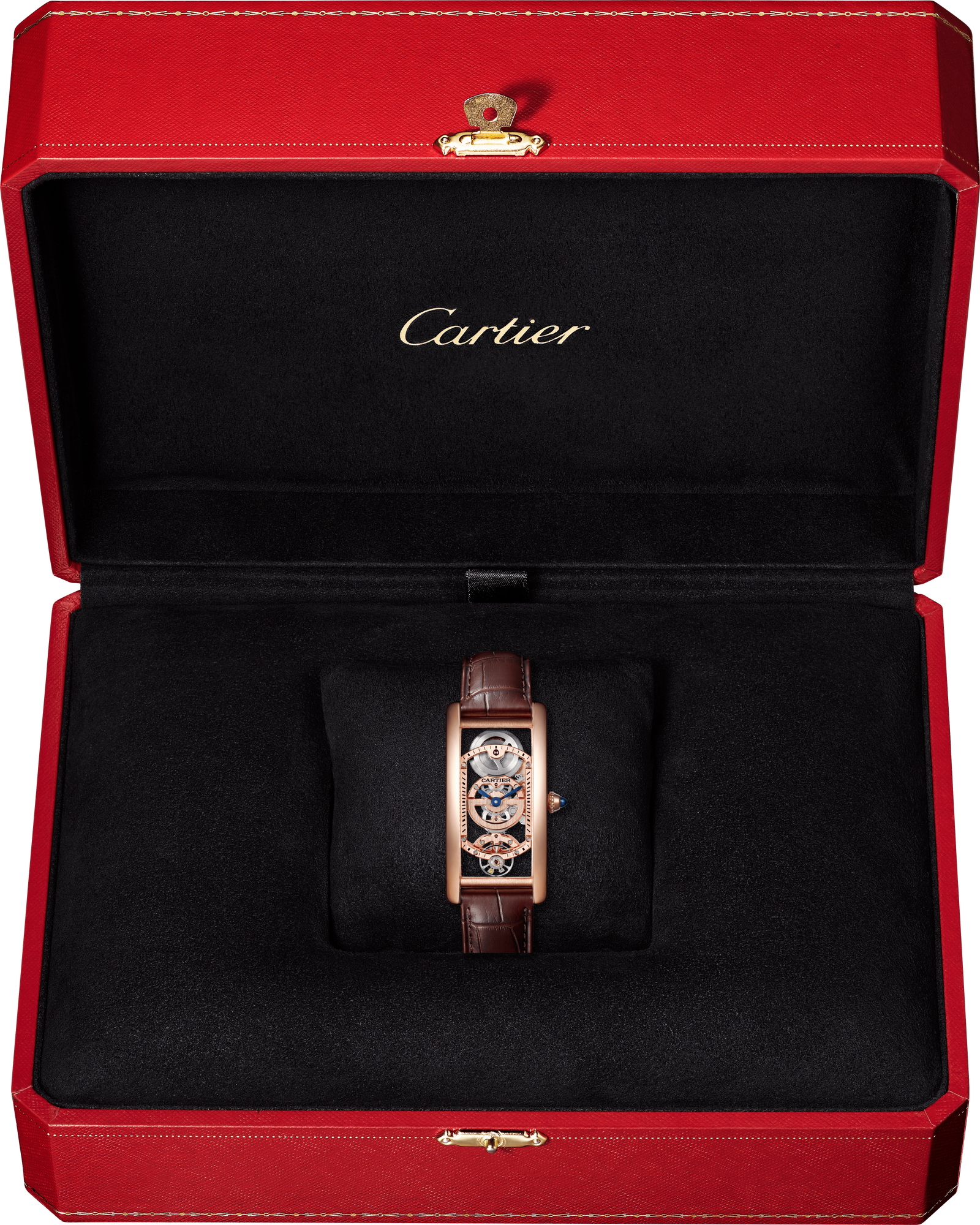 Cartier Tank Rose Gold (Large Model) 33 MM - Brown Leather Strap - Rose Gold Bezel - Skeleton Dial - WHTA0008