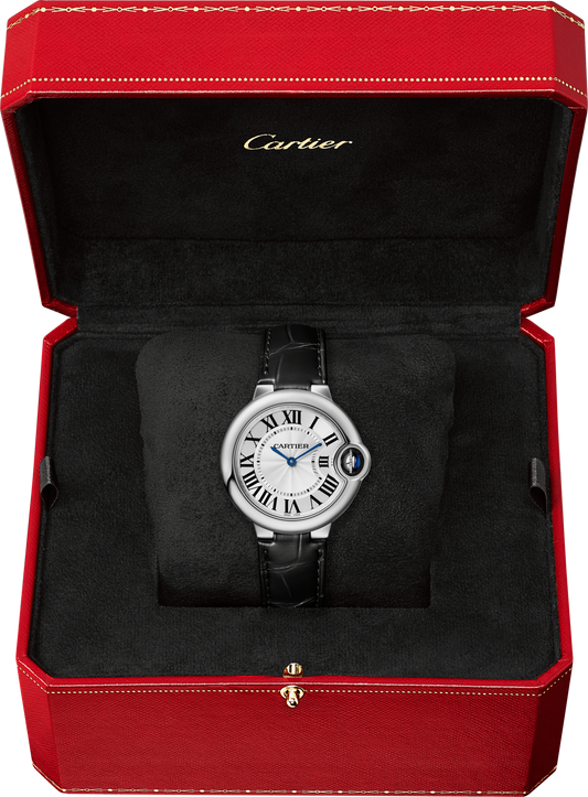 Cartier Ballon Bleu Stainless Steel 33 MM - Black Leather Strap - White Dial - WSBB0034