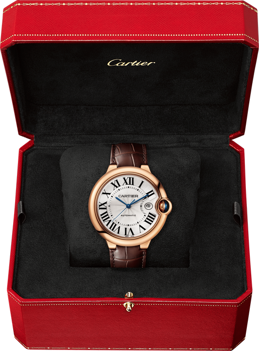 Cartier Ballon Bleu Pink Gold 42 MM - Brown Leather Strap - Silver Dial - WGBB0030