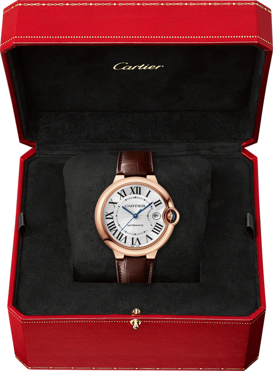 Cartier Ballon Bleu Pink Gold 40 MM - Brown Leather Strap - White Dial - WGBB0035