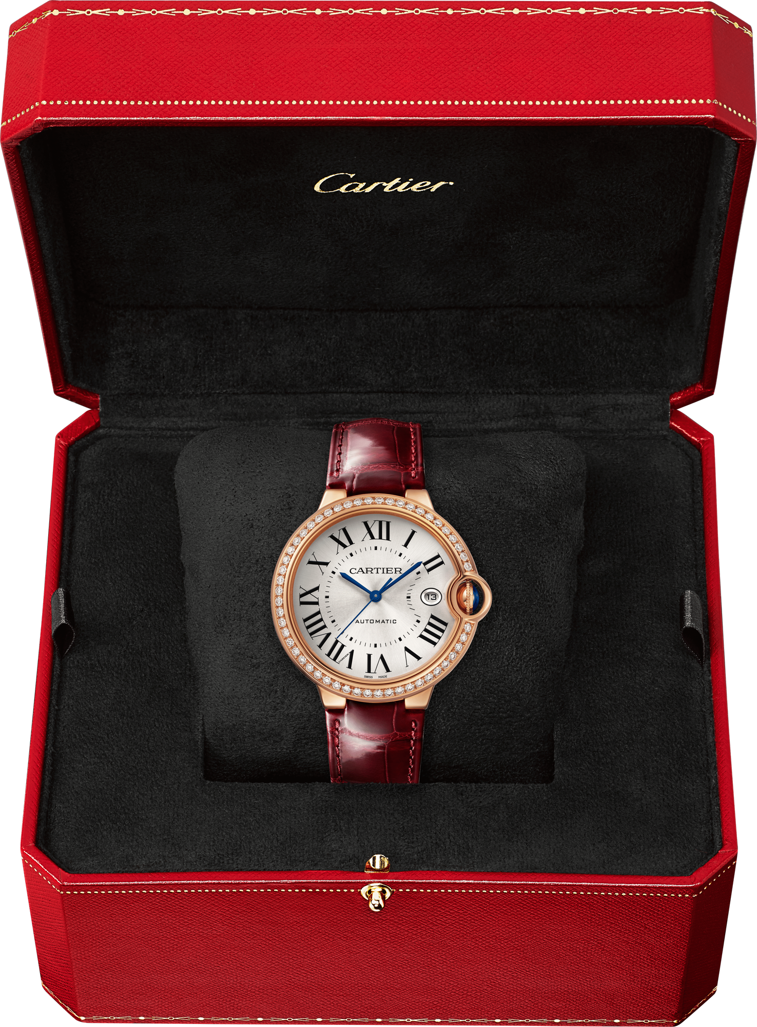 Cartier Ballon Bleu Rose Gold 40 MM - Burgundy Leather Strap - Silver Dial - WJBB0056