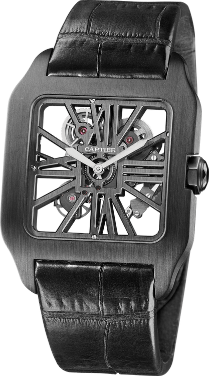 Cartier Santos de Cartier-Dumont  Titanium 39 MM (Extra Large Model) - Black Leather Strap - Skeleton Dial - W2020052