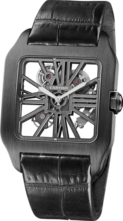 Cartier Santos de Cartier-Dumont  Titanium 39 MM (Extra Large Model) - Black Leather Strap - Skeleton Dial - W2020052