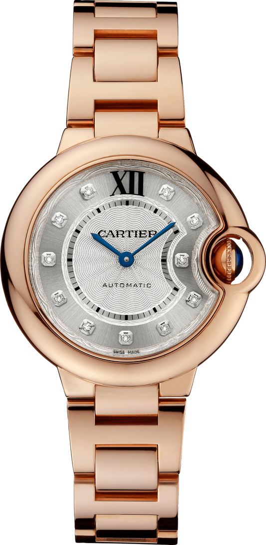 Cartier Ballon Bleu Rose Gold 33 MM - Rose Gold Bracelet - Silver Diamond Dial - WE902062