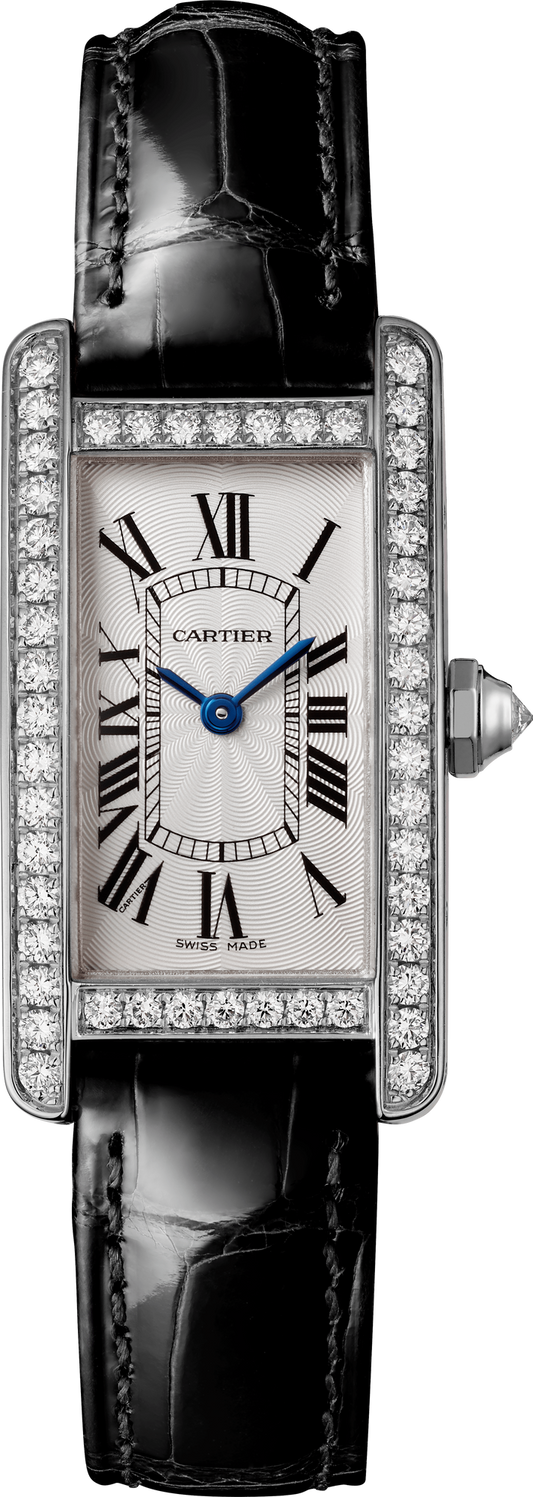 Cartier Tank White Gold Diamond (Small Model) 34 MM - Black Leather Strap - White Gold Diamond Bezel - Silver Dial - WJTA0003