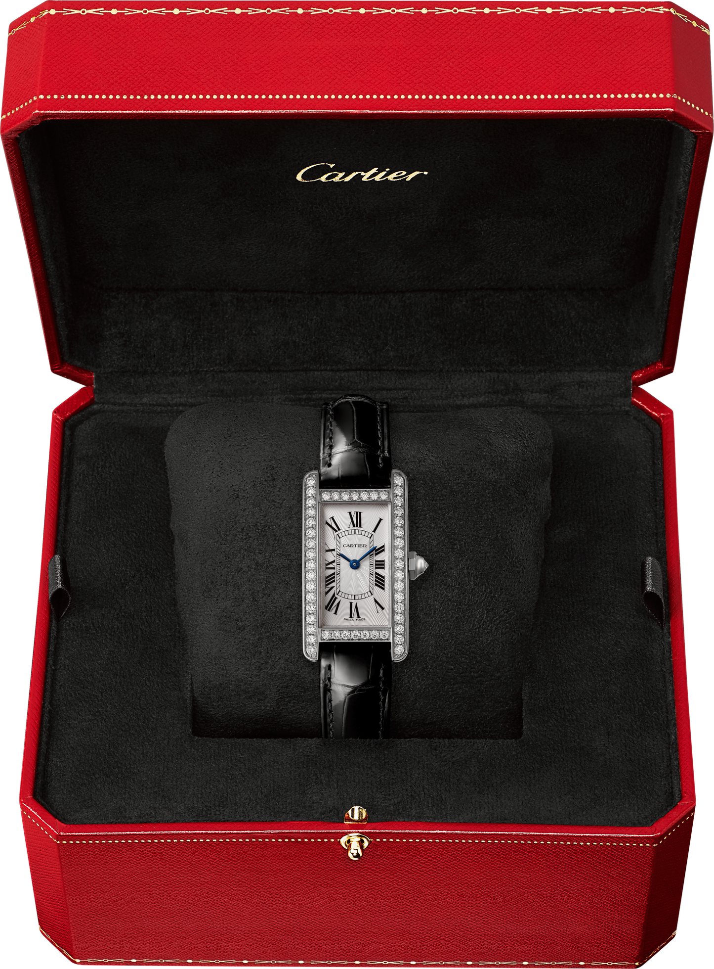 Cartier Tank White Gold Diamond (Small Model) 34 MM - Black Leather Strap - White Gold Diamond Bezel - Silver Dial - WJTA0003