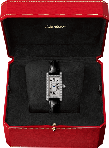 Cartier Tank White Gold Diamond (Small Model) 34 MM - Black Leather Strap - White Gold Diamond Bezel - Silver Dial - WJTA0003