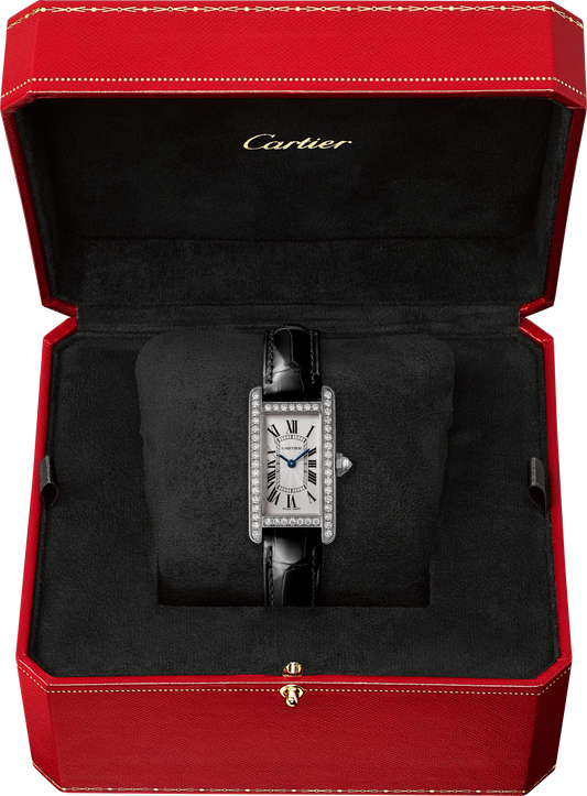 Cartier Tank White Gold Diamond (Small Model) 34 MM - Black Leather Strap - White Gold Diamond Bezel - Silver Dial - WJTA0003