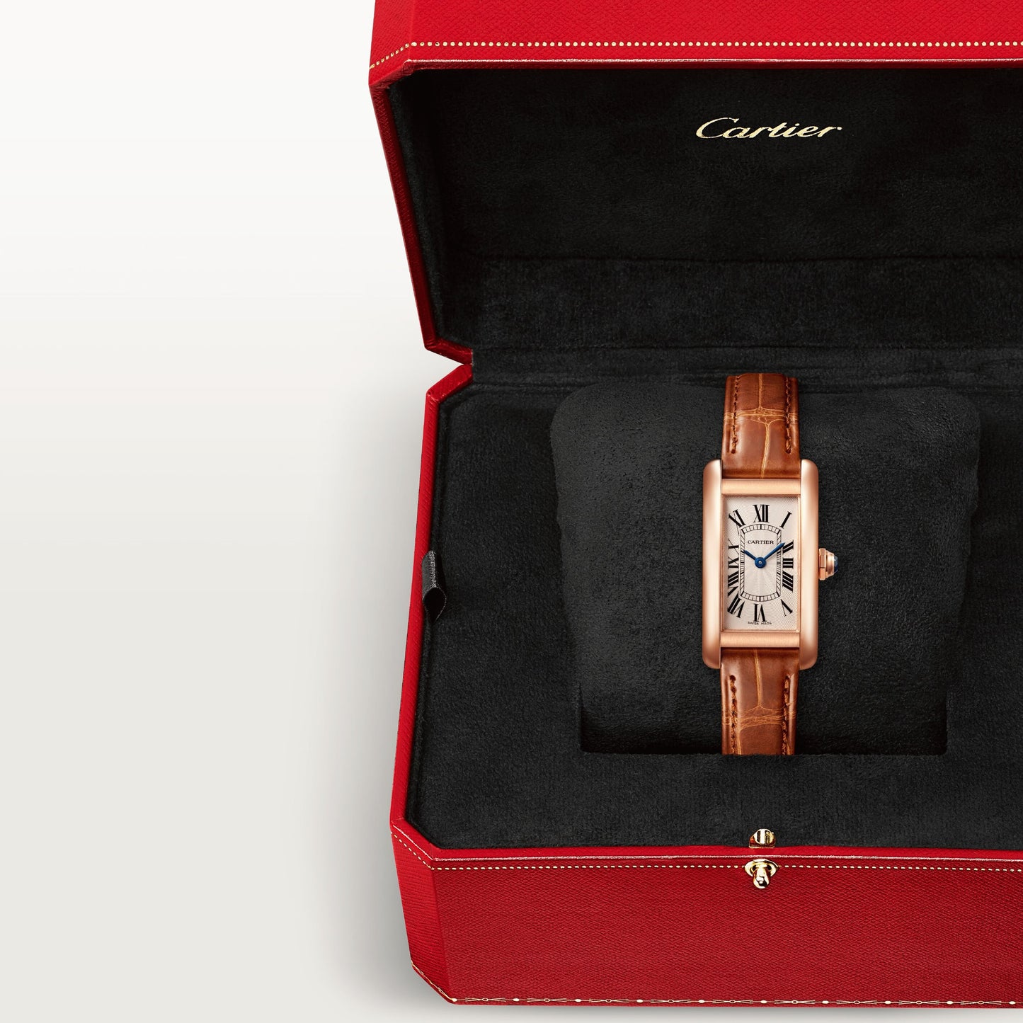 Cartier Tank Rose Gold (Small Model) 34 MM - Brown Leather Strap - Rose Bezel Bezel - Silver Dial - W2607456