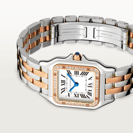 Cartier Panthére De Cartier Stainless Steel (Medium Model) 29 MM - Rose Gold and Stainless Steel Bracelet - Rose Gold Diamond Bezel - White Dial - W3PN0007