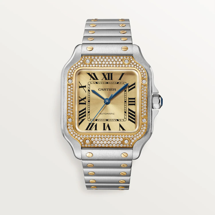 Cartier Santos de Cartier Stainless Steel and Yellow Gold 35.1 MM (Medium Model) - Stainless Steel Bracelet - Golden Dial - W3SA0007