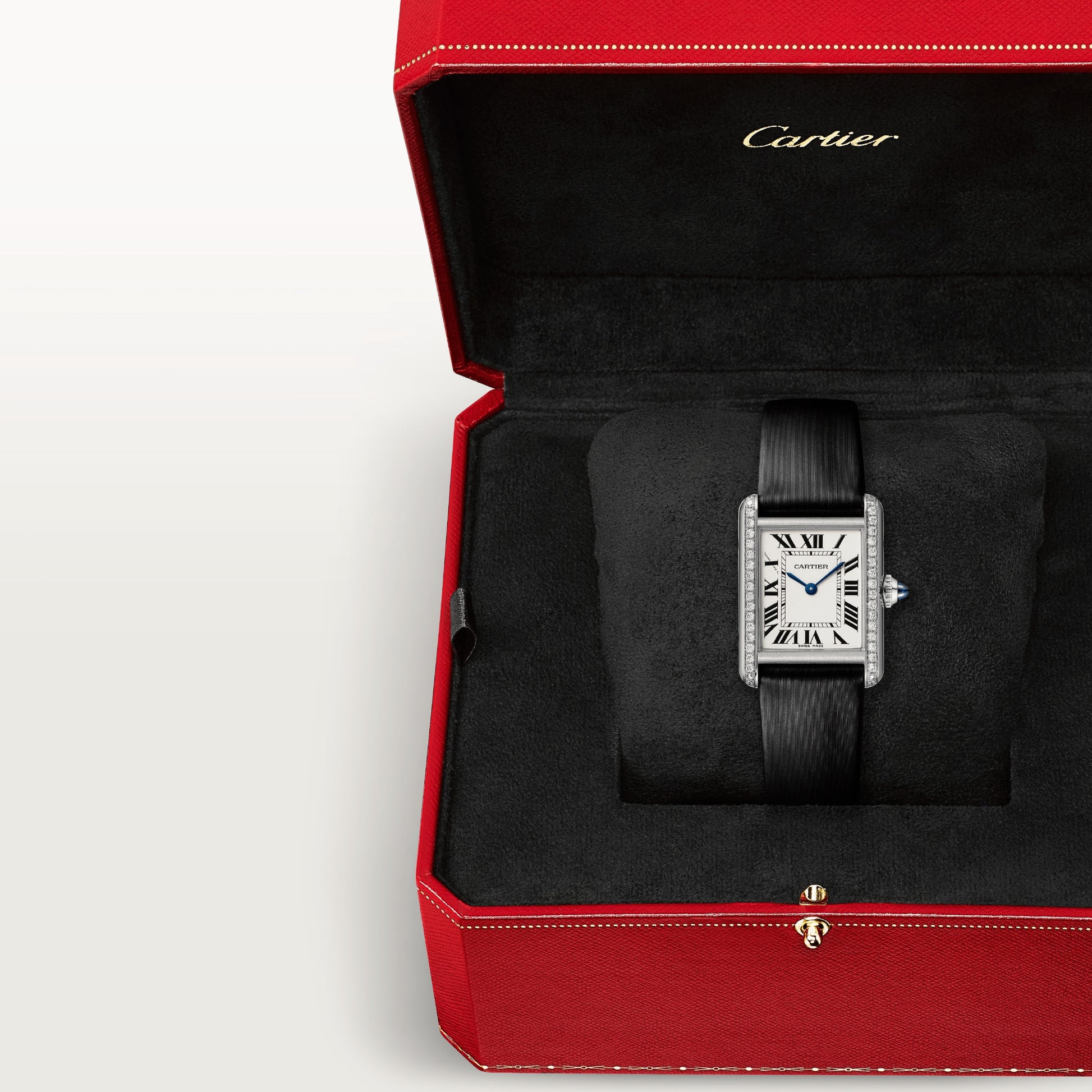 Cartier Tank Stainless Steel Diamond (Small Model) 27 MM - Black Leather Strap - Diamond Bezel - White Dial - W4TA0016