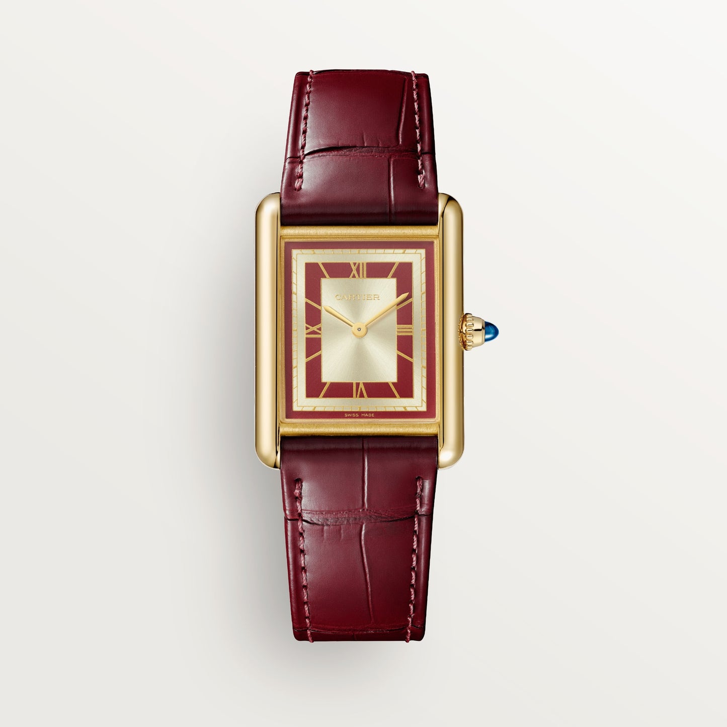 Cartier Tank Yellow Gold (Large Model) 33 MM - Burgundy Leather Strap - Yellow Gold Bezel - Red and Opaline Dial - WGTA0059