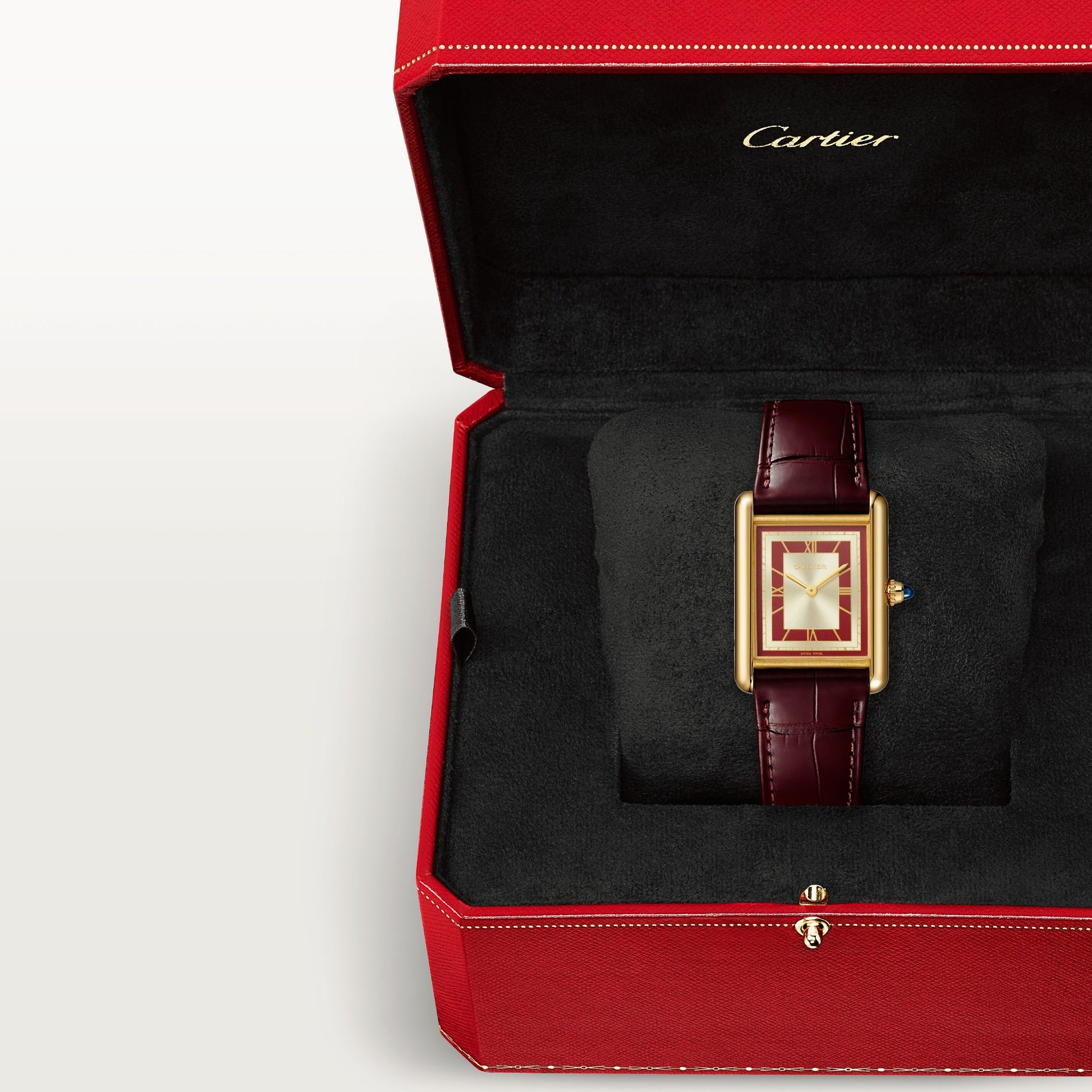 Cartier Tank Yellow Gold (Large Model) 33 MM - Burgundy Leather Strap - Yellow Gold Bezel - Red and Opaline Dial - WGTA0059