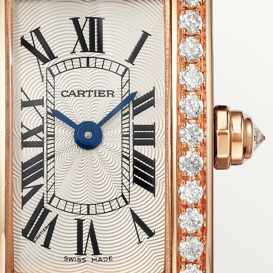 Cartier Tank Rose Gold Diamond (Mini Model) 27 MM - Pink Leather Strap - Rose Gold Diamond Bezel - Silver Dial - WJTA0026