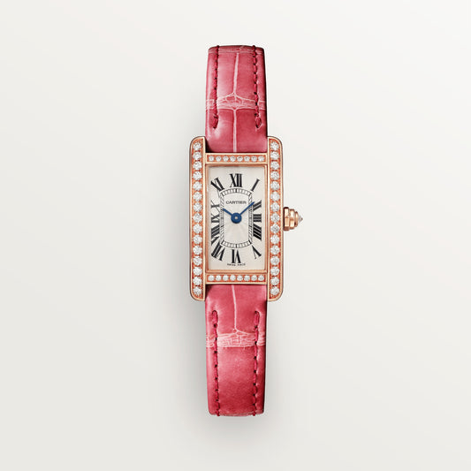 Cartier Tank Rose Gold Diamond (Mini Model) 27 MM - Pink Leather Strap - Rose Gold Diamond Bezel - Silver Dial - WJTA0026