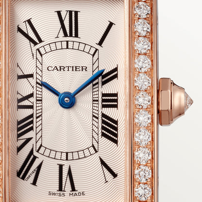 Cartier Tank Rose Gold Diamond (Small Model) 34 MM - Brown Leather Strap - Rose Gold Diamond Bezel - Silver Dial - WJTA0028