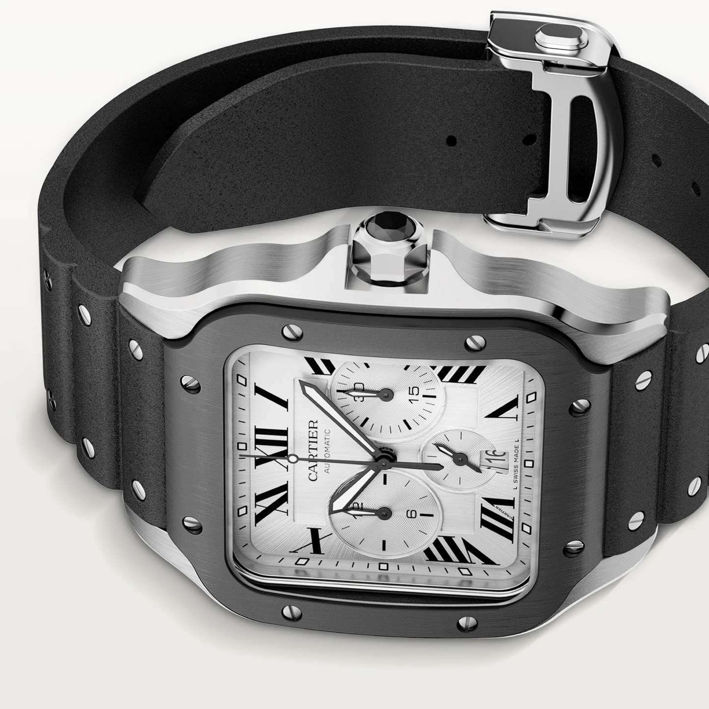 Cartier Santos de Cartier Stainless Steel 43.3 MM (Large Model) - Black Rubber Strap - Silver Dial - WSSA0017