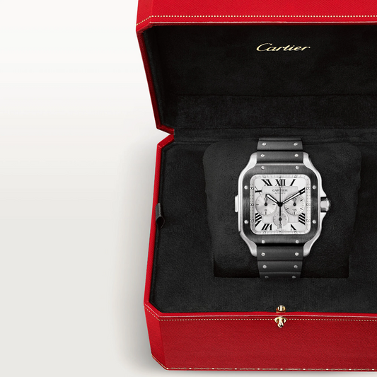 Cartier Santos de Cartier Stainless Steel 43.3 MM (Large Model) - Black Rubber Strap - Silver Dial - WSSA0017