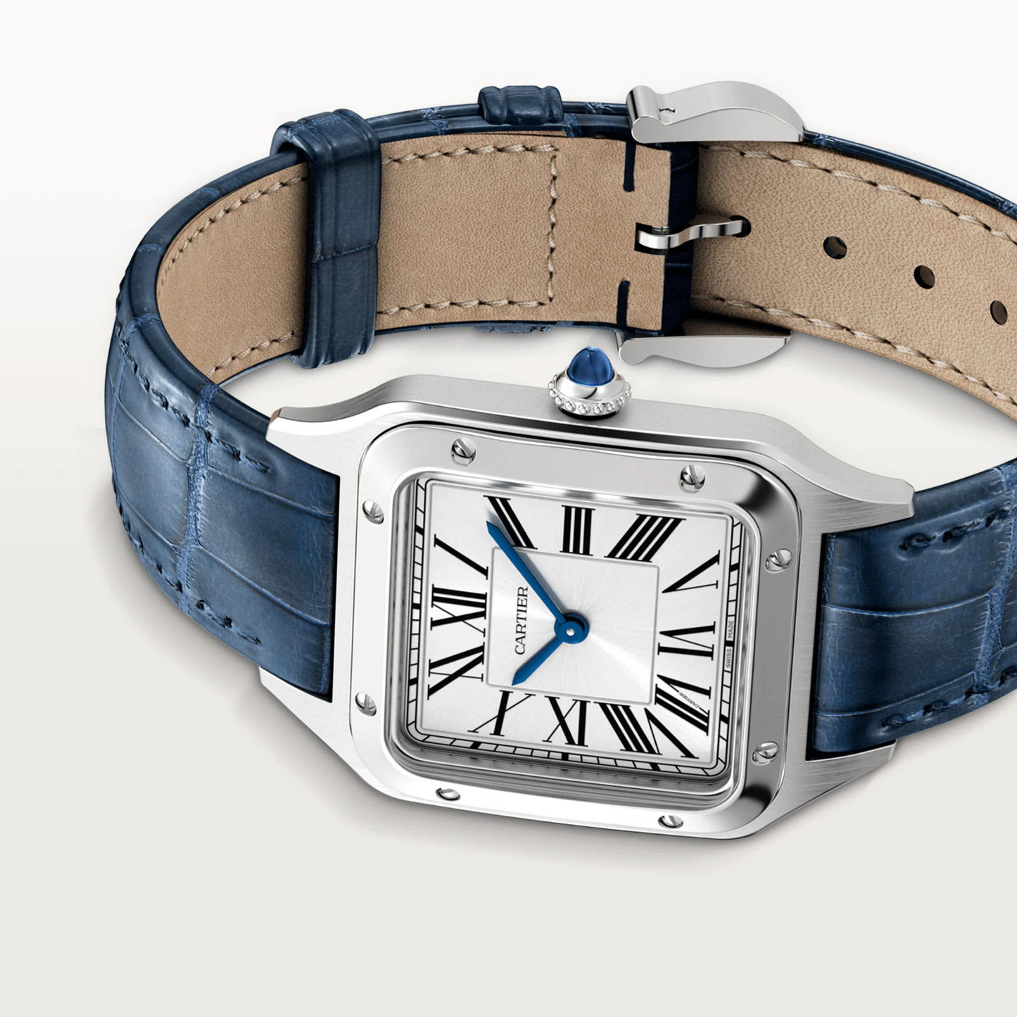 Cartier Santos de Cartier-Dumont Stainless Steel 38 MM (Small Model) - Blue Leather Strap - White Dial - WSSA0023